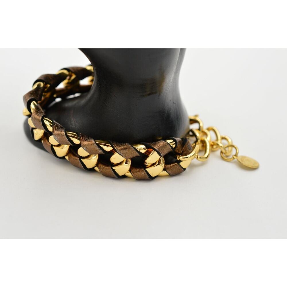 Skinny By Jessica Elliot Bracelet Gold Tone Linked Bronze Leather Signed BinO